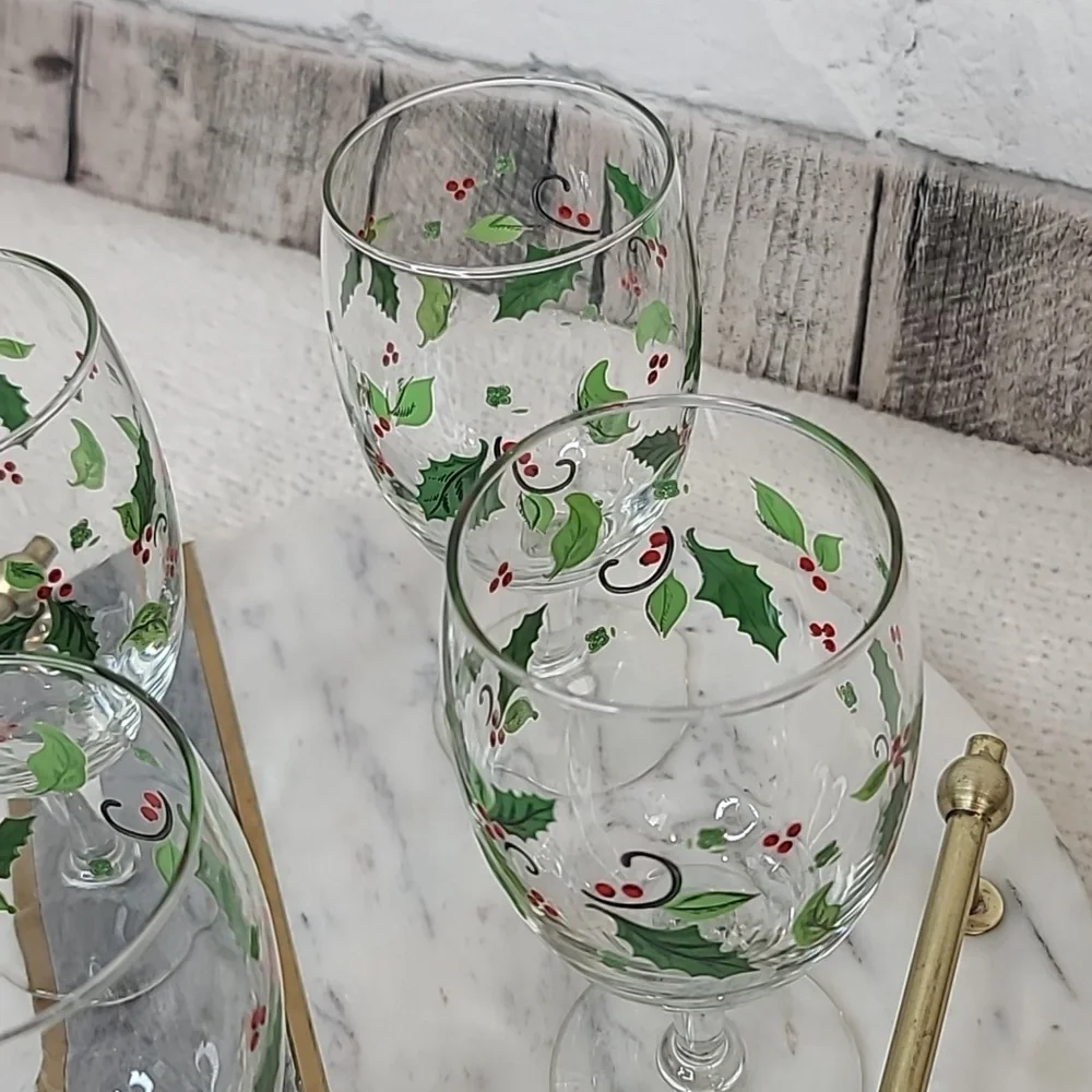 Libbey Vintage Holiday Holly Iced Tea Glass/Goblets Set of 4 (Four) Green/Red